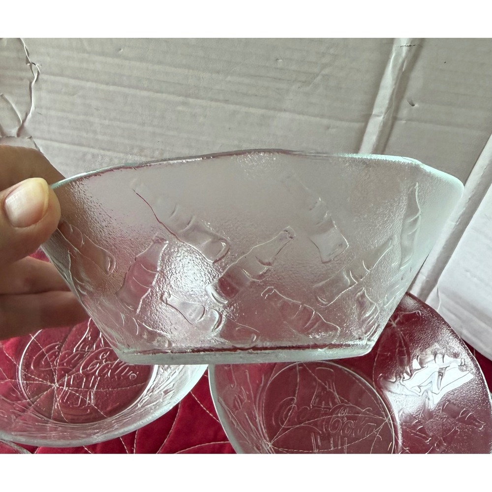Coca-Cola Set of 4 Clear Glass Cereal Bowls Embossed Logo Bottle Textured 6 Inch